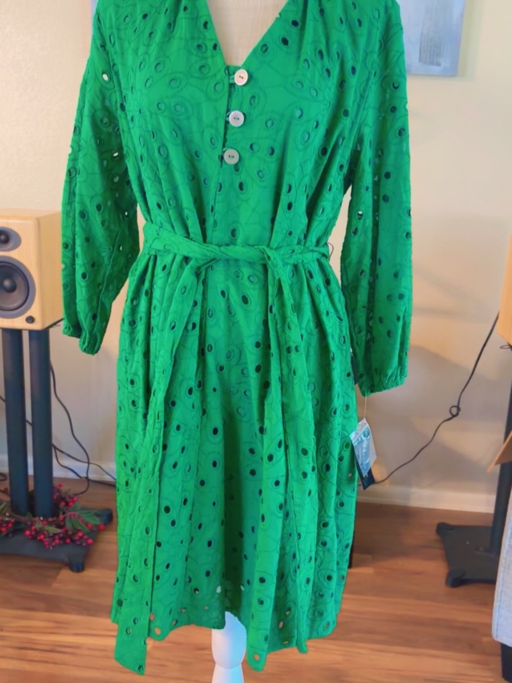 Studio Green Eyelet Button-Front Dress with Waist Tie